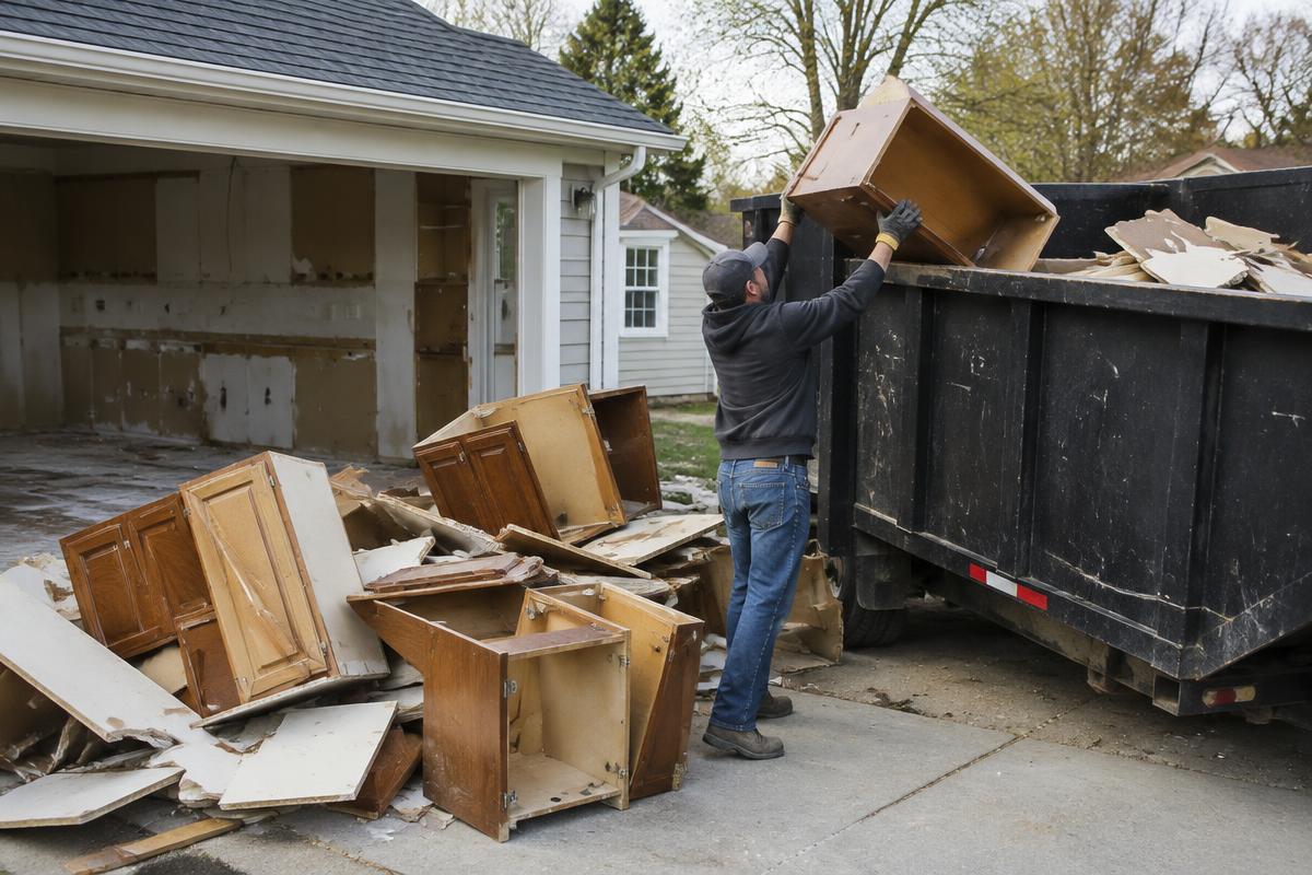 Homeowner loading remodel debris into a dumpster